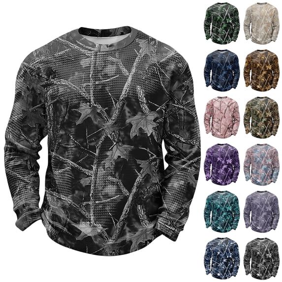 IAJDKMEK Men's Camouflage Long Sleeve Shirt - Waffle Knit Crew Neck, Camo Print Shirt for Men, Durable Everyday Shirts for Outdoor and Work,Light pink S