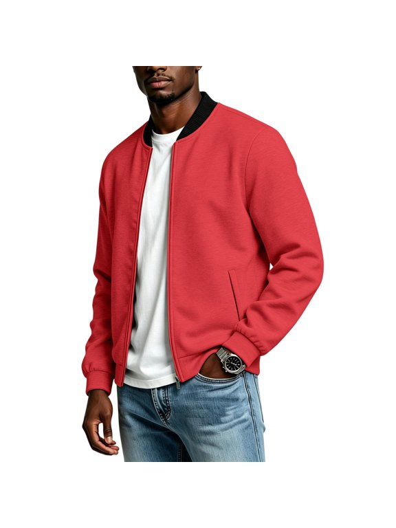 Men's Casual Flight Jacket Zipper-Front - Henley Collar Solid, this Bomber Jacket for Men and Windbreaker, Casual Outwear,Red S