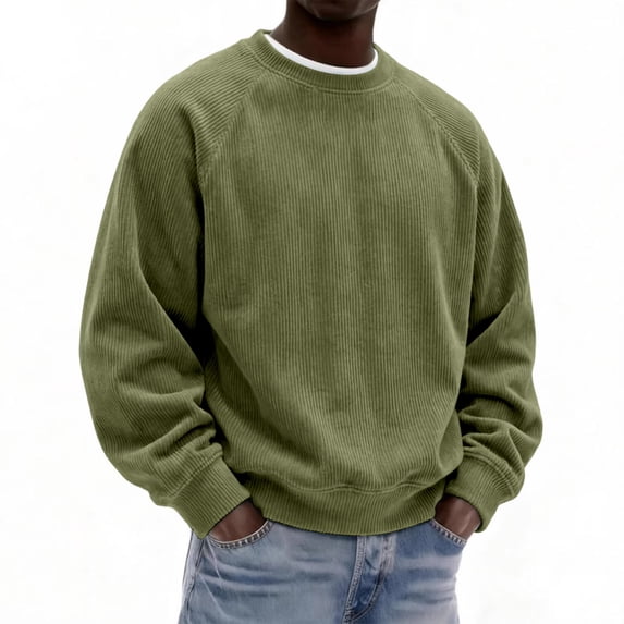 IAJDKMEK Men's Corduroy Crewneck Sweatshirt - Relaxed Fit Long Sleeve Pullover Top for Men, Casual Everyday Sweatshirt with Soft Texture,Army Green L