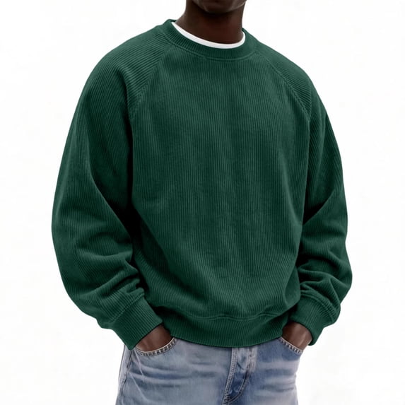 IAJDKMEK Men's Corduroy Crewneck Sweatshirt - Relaxed Fit Long Sleeve Pullover Top for Men, Casual Everyday Sweatshirt with Soft Texture,Dark Green L