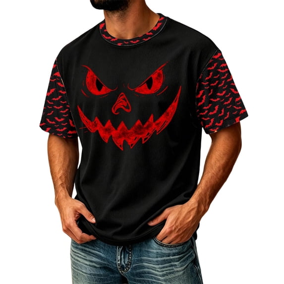 IAJDKMEK Men's Corduroy Graphic Tee - Short Sleeve Round Neck Halloween Print, Summer Tops for Men, Lightweight Casual Shirts for Everyday Wear,Black L
