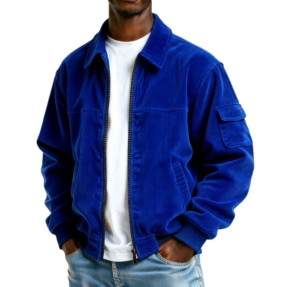 IAJDKMEK Men's Corduroy Pocket Zipper Jacket - Casual Sports Plus Size, this Zip Up Jacket and Sports Jacket for Men, Multiple Pockets,Blue 2XL