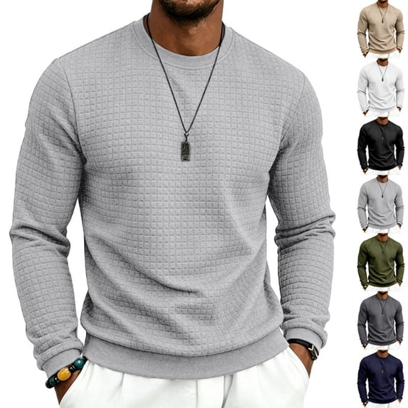 IAJDKMEK Men's Crewneck Waffle Knit Sweater - Solid Color Long Sleeve Relaxed Fit, Sweaters for Men Casual Ribbed Edge Comfort Style,Khaki L