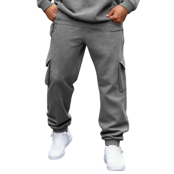 IAJDKMEK Men's Fleece Lined Cargo Pants Jogger - Drawstring Elastic Waist Tapered Cuffed Four Pockets Solid Color Sweatpants for Men Workout,Gray XL
