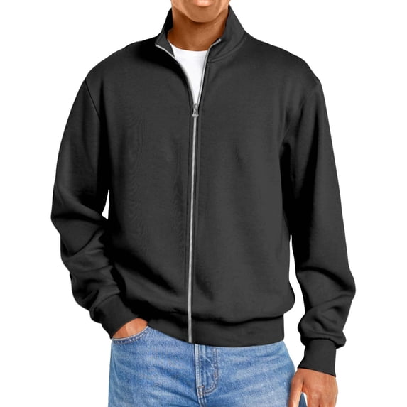 IAJDKMEK Men's Full Zip Long Sleeve Sweatshirt - Stand Collar Loose Fit, this Zip Up Jacket for Men and Long Sleeve Shirt for Fall,Black L