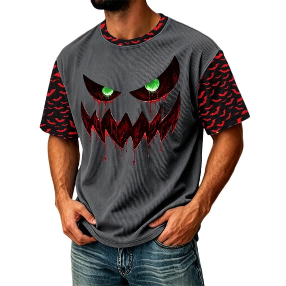 IAJDKMEK Men's Halloween Corduroy T-Shirt - Short Sleeve Round Neck Letter Print, Casual Shirts for Men, Lightweight Graphic Tee for Daily & Party,Dark Gray 3XL