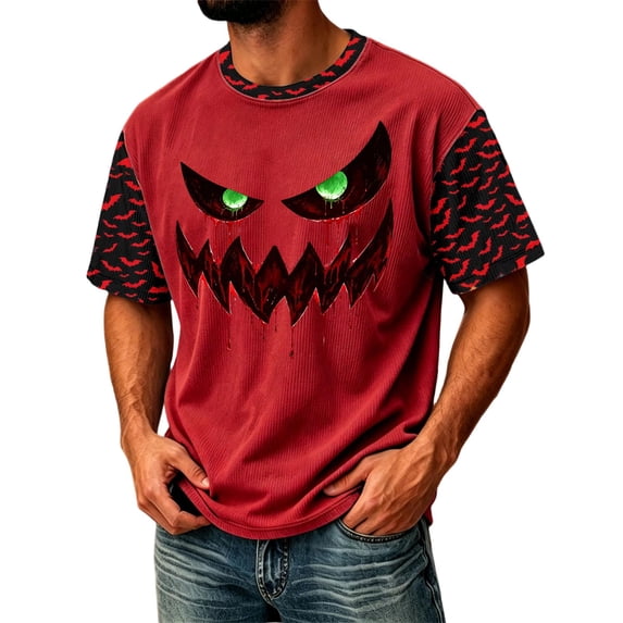 IAJDKMEK Men's Halloween Corduroy T-Shirt - Short Sleeve Round Neck Letter Print, Casual Shirts for Men, Lightweight Graphic Tee for Daily & Party,Red 2XL