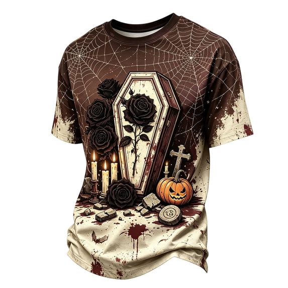 IAJDKMEK Men's Halloween Graphic Tee - Round Neck Short Sleeve, Lightweight Summer Shirts for Men, Casual T-Shirts with Funny Print for Everyday,Brown L
