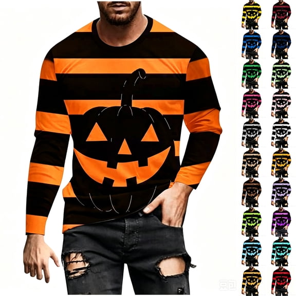 IAJDKMEK Men's Halloween Long Sleeve Shirt - Striped Crew Neck Loose Fit Top, Great for Parties, Everyday Wear, and Lounging Shirt,Hot Pink S