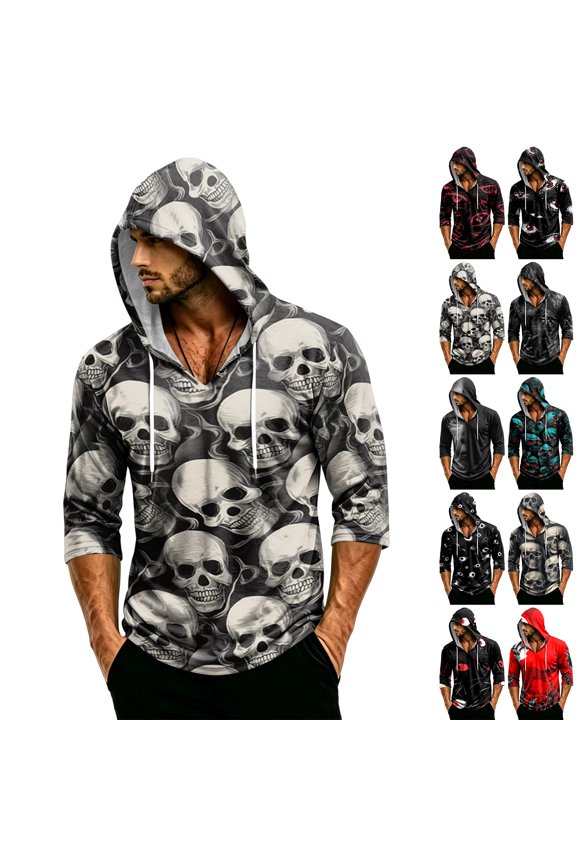 Men's Hoodie Halloween Shirt Tee - 3/4 Sleeve Funny Graphic Pullover, Great for Men's Casual Wear and Party Nights,Gray S