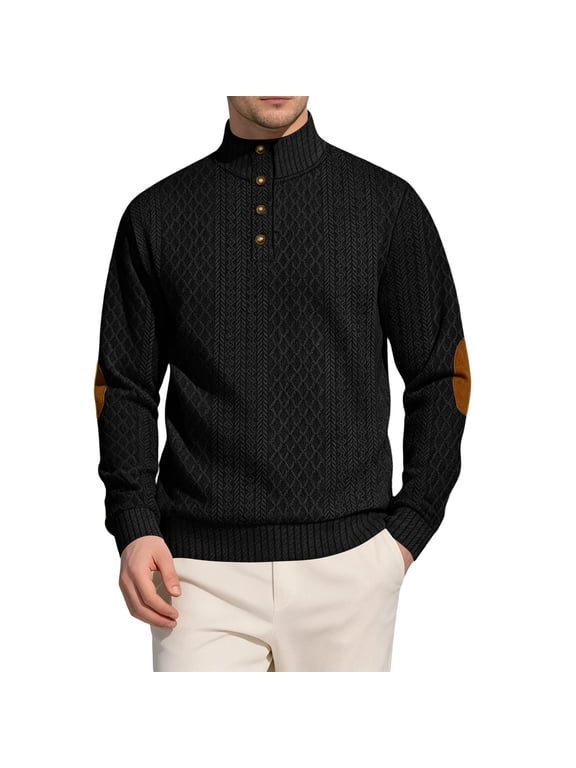 Men's Jacquard Knit Pullover Sweater - Stand Collar Button Front Long Sleeve, Casual Outdoor Sweaters for Men with Textured Pattern,Black 3XL