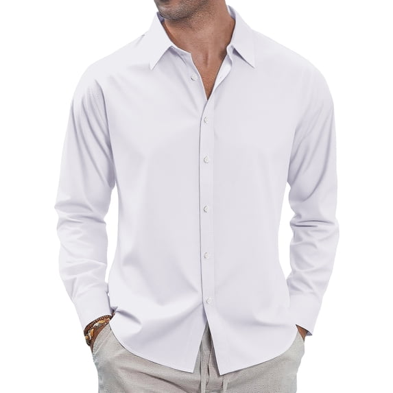 IAJDKMEK Men's Long Sleeve Button Down Shirt - Loose Collared Casual Top, Relaxed Shirts for Men with Classic Button Front, Soft Mens Casual Shirts for Smart Events,White XL