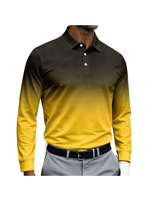 Men's Long Sleeve Collared Print Shirt – All-Over Pattern, Casual Athletic Top, Shirts for Men, Breathable Sport Shirt, Everyday Comfort,Yellow S