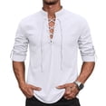 thumbnail image 1 of IAJDKMEK Men's Long Sleeve Henley Shirts - Retro Lace-Up Pullover Tee for Men with V-Neck and Breathable Linen Blend for Renaissance Costume Wear,White 2XL, 1 of 8