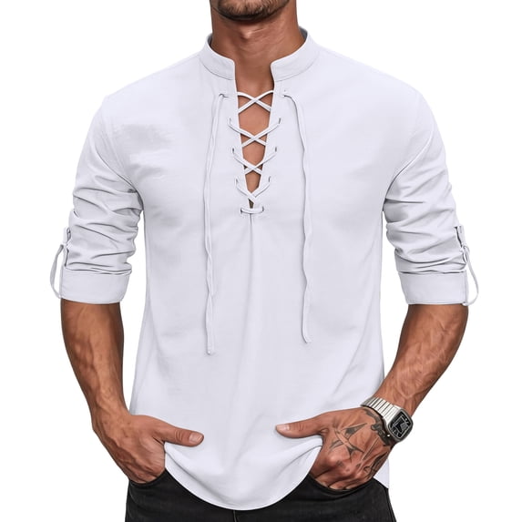 IAJDKMEK Men's Long Sleeve Henley Shirts - Retro Lace-Up Pullover Tee for Men with V-Neck and Breathable Linen Blend for Renaissance Costume Wear,White 2XL