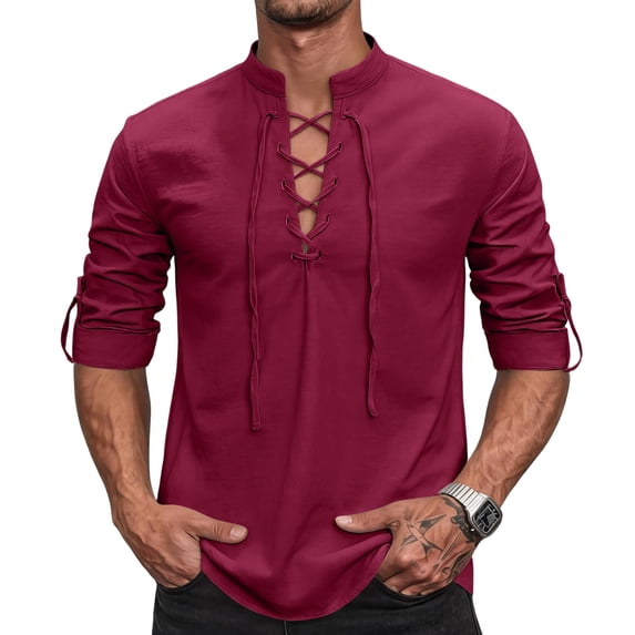 IAJDKMEK Men's Long Sleeve Henley Shirts - Retro Lace-Up Pullover Tee for Men with V-Neck and Breathable Linen Blend for Renaissance Costume Wear,Wine S