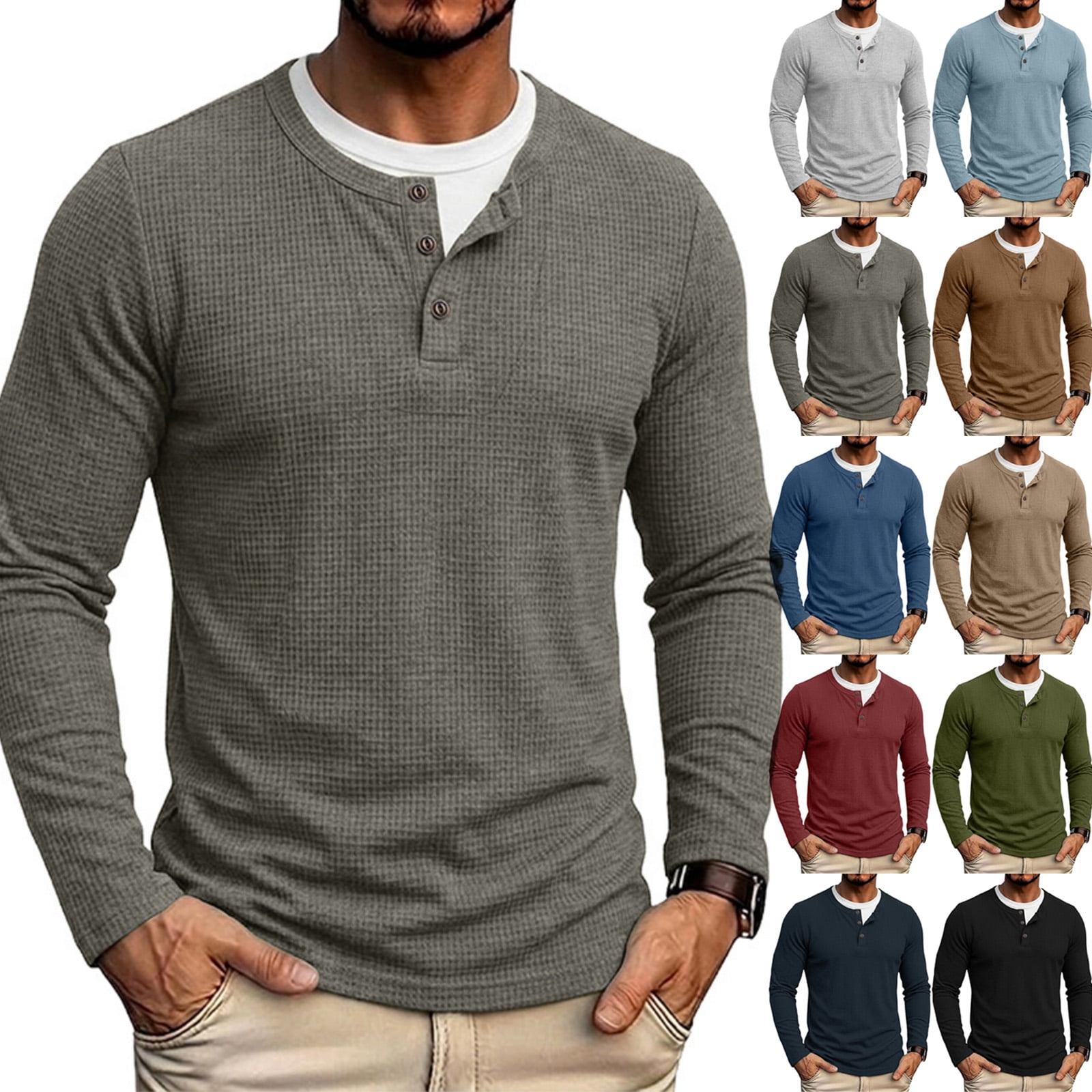 IAJDKMEK Men's Long Sleeve Henley T-Shirts - Fake Layered Round