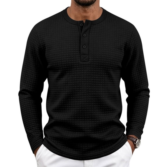 IAJDKMEK Men's Long Sleeve Henley T-Shirts - Solid Color Jacquard Pattern Pullover Tee Button Down for Men with Square Design and Casual Fit Outdoor Wear,Black M
