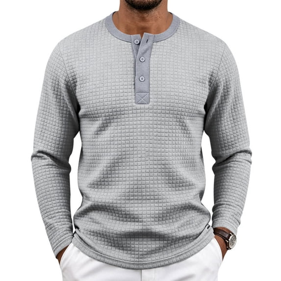 IAJDKMEK Men's Long Sleeve Henley T-Shirts - Solid Color Jacquard Pattern Pullover Tee Button Down for Men with Square Design and Casual Fit Outdoor Wear,Light Gray L