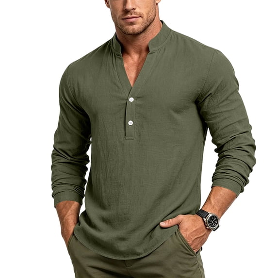 IAJDKMEK Men's Long Sleeve Henley T-Shirts - Solid Color Linen V-Neck Pullover Tee Button Down for Men with Relaxed Fit and Breathable Cotton Linen,Army Green L