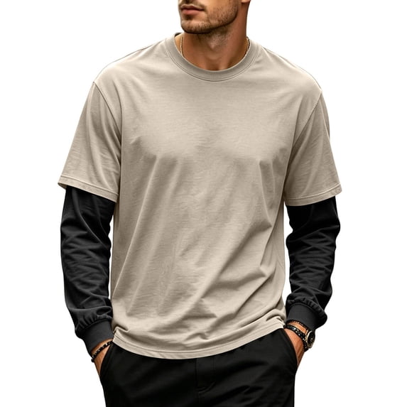 IAJDKMEK Men's Long Sleeve Mock Two-Piece Crewneck – Patchwork Style, Casual T-Shirts for Men, Trendy Layered Look, Comfortable Top,Beige L