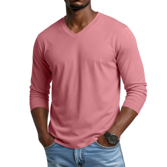IAJDKMEK Men's Long Sleeve V-Neck Shirt - Relaxed Athletic Top, Loose Shirt for Men, Breathable Sporty Active Shirt,Pink L