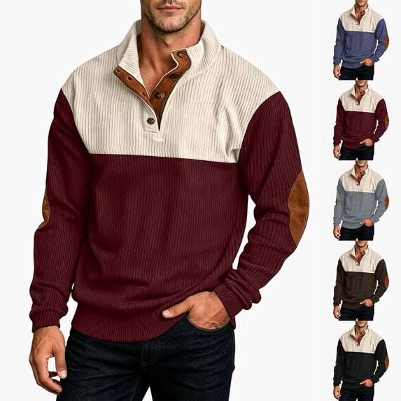 IAJDKMEK Men's Plus Size Corduroy Sweatshirt - Stand Collar Color Block Button Front Long Sleeve, Casual Athletic Sweatshirts for Men Warm Layering,Wine L