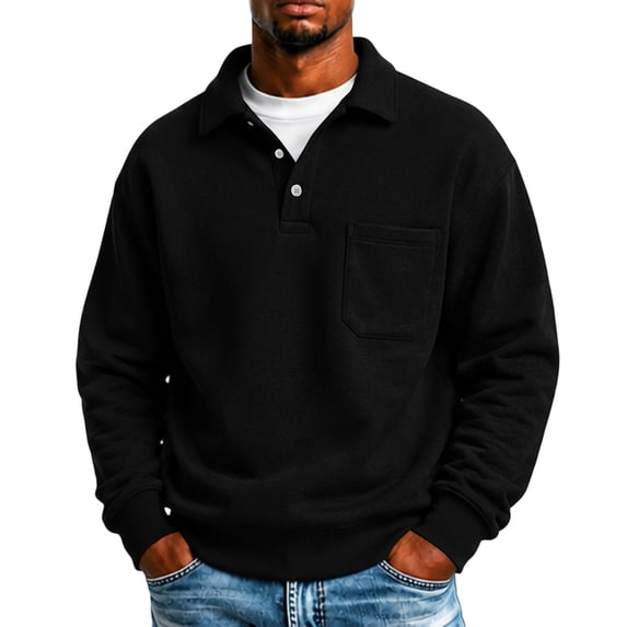 IAJDKMEK Men's Polo Collar Solid Long Sleeve Fleece Sweatshirt - Full Zip Pullover for Men, Fall Winter Top with Warm Inner,Black S
