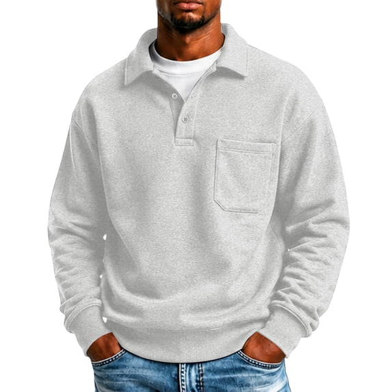 IAJDKMEK Men's Polo Collar Solid Long Sleeve Fleece Sweatshirt - Full Zip Pullover for Men, Fall Winter Top with Warm Inner,Light Gray 3XL