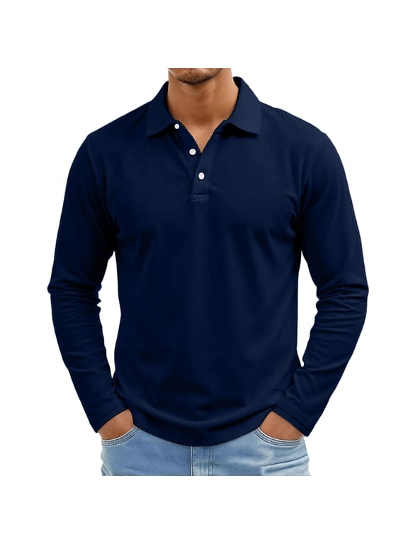 Men's Polo Long Sleeve Shirt - Solid Collared Casual Top, Perfect for Outdoor, Work, and Everyday Smart Style,Navy S