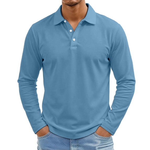 IAJDKMEK Men's Polo Long Sleeve Shirt - Solid Collared Casual Top, Perfect for Outdoor, Work, and Everyday Smart Style,Sky Blue 3XL