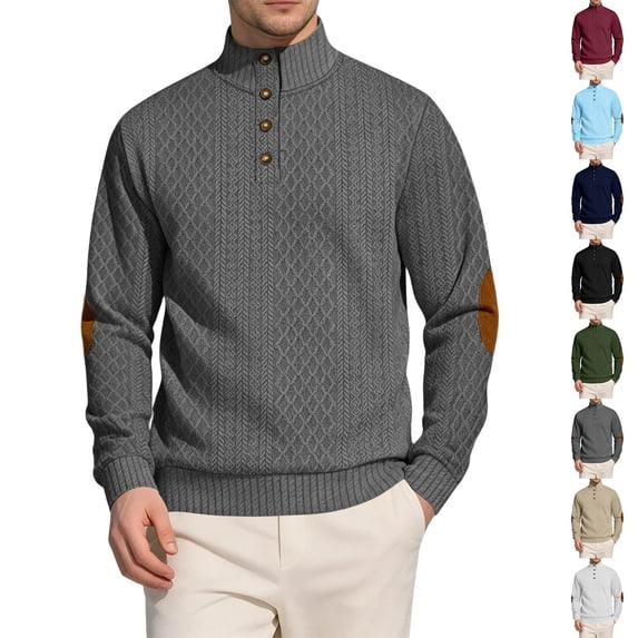 IAJDKMEK Men's Stand Collar Button Sweater - Jacquard Knit Long Sleeve Casual Outdoor Pullover, Sweaters for Men Hiking Travel Daily Wear,Dark Gray XL