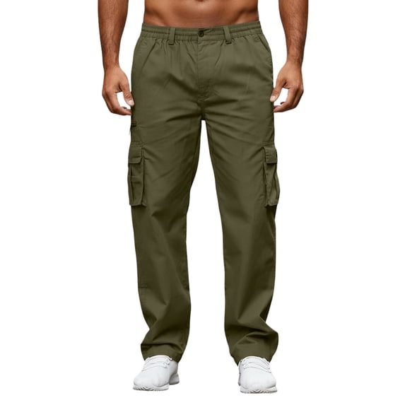 IAJDKMEK Men's Straight Leg Cargo Pants - Elastic Waistband Work Trousers and Hiking Pants for Casual Wear and Light Outdoor Use, Multi-Pockets,Army Green L