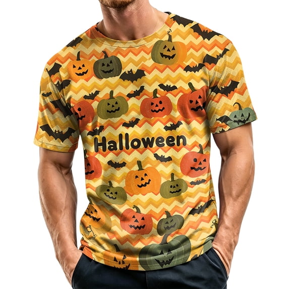 IAJDKMEK Men's Summer Graphic T-Shirt - Halloween Print Crewneck Tee for Men, Lightweight Breathable, Funny Casual Shirts for Daily & Costume Party,Yellow 3XL