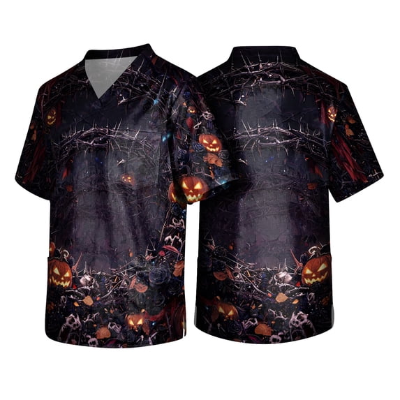 IAJDKMEK Men's Summer Scrub T-Shirt - Halloween Print V-Neck with Pockets, Comfort Fit Workwear for Men, Breathable Tops for Clinical & Party Use,White L
