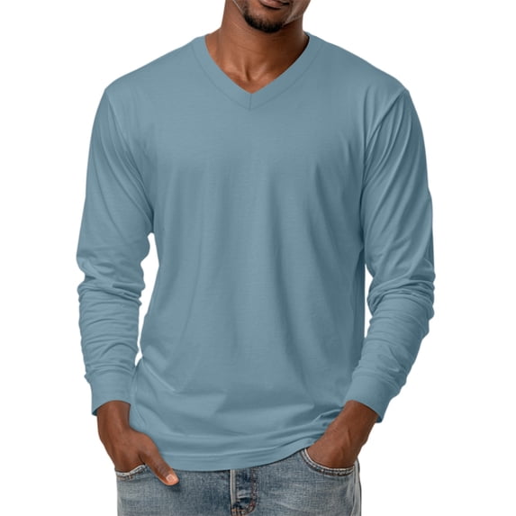 IAJDKMEK Men's V-Neck Long Sleeve T-Shirt – Solid Color, Casual T-Shirts for Men, Soft Basic Tee, Everyday Essential Layer,Blue L