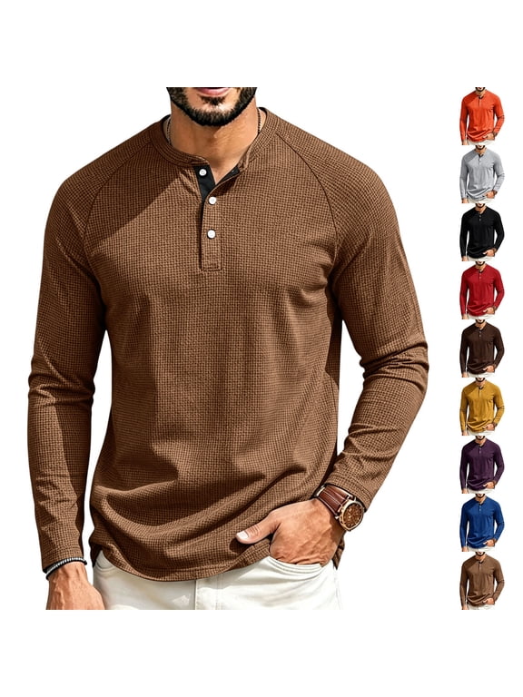 Men's Waffle Knit Henley Shirt - Long Sleeve Relaxed Fit Tee, Textured Henley Shirt for Men, Great Loose Shirts for Everyday Comfort,Orange M