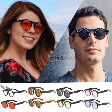 IAJDKMEK Retro Sunglasses for Men Women - Double Round Steampunk Style, Flip-Up Lens, UV Protection, Ideal for Street Photography and Casual Outings