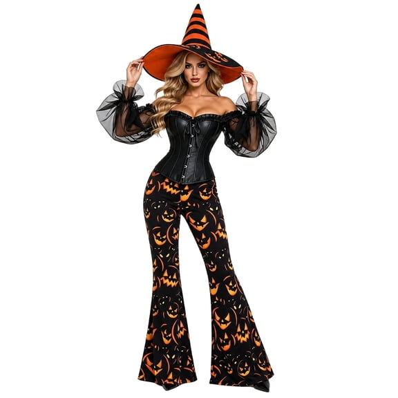 IAJDKMEK Women Halloween Costume Pumpkin Wizard Costume Set for Stage Performance Cosplay