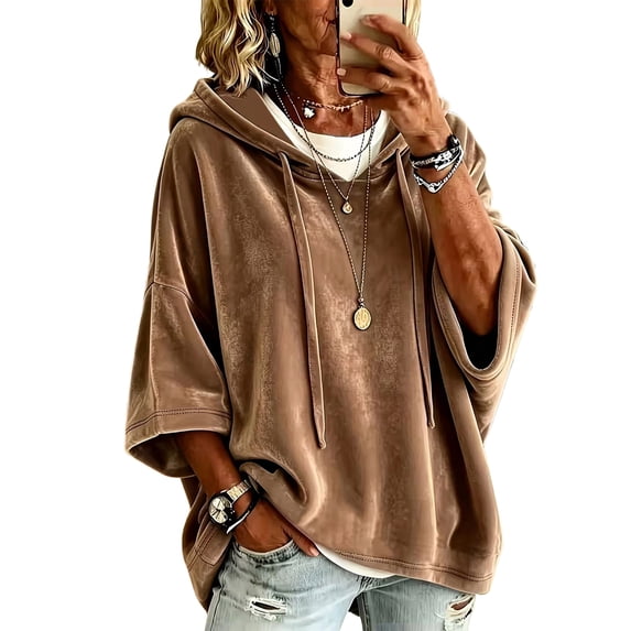 IAJDKMEK Women's 3/4 Sleeve Velvet Hoodie - Casual Hoodies for Women, Solid Color Pullover, Soft Plush Fall Outfits, Luxe Feel