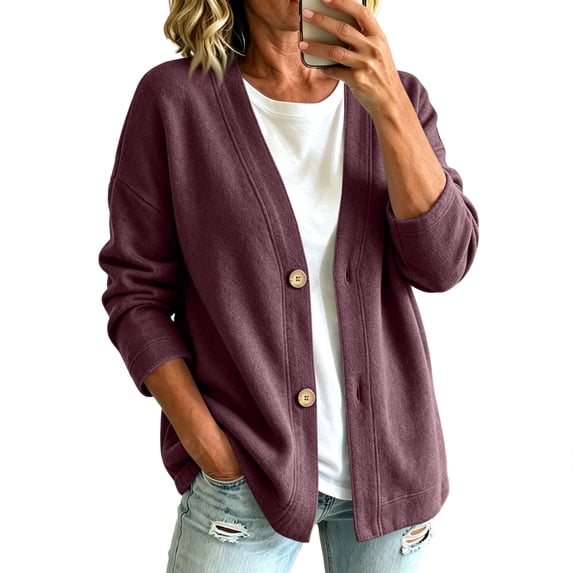 IAJDKMEK Women's Button Front Solid Color Cardigan - Long Sleeve Knit, Fall Cardigan for Women, Soft Cashmere, Everyday