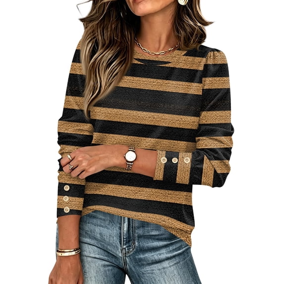 IAJDKMEK Women's Casual Long Sleeve Tops - Striped Round Neck Button Down Blouse, Great for Business Casual Tops and Womens Fall Fashion 2026