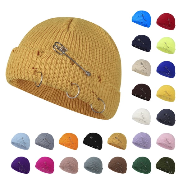 IAJDKMEK Women's Fall Winter Pin Knitted Beanie Hat – Vintage Holey Pullover Wool Cap with Distressed Detail Soft Warm Knit Winter Hat for Men Women O