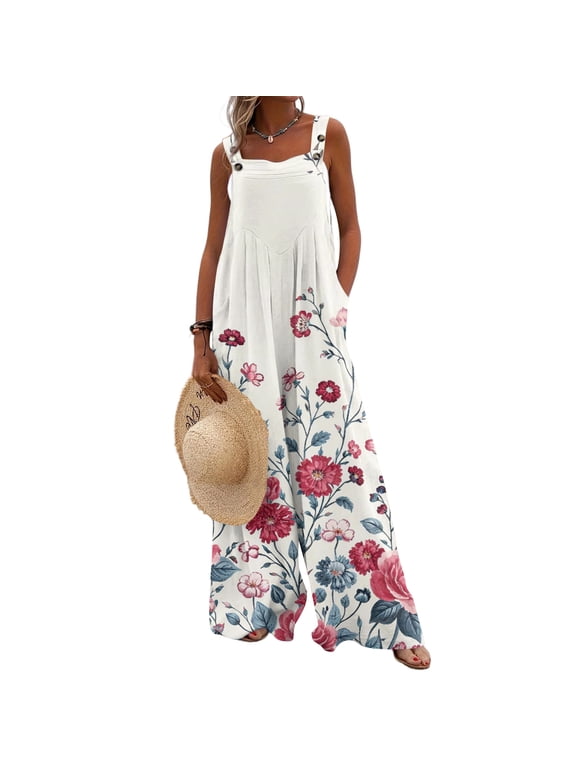 Women's Floral Jumpsuits for Women – Casual Retro Print with Side Pockets Loose Fit Fall One-Piece Romper Cotton Linen Daily Wear