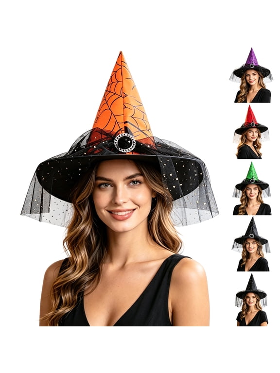 Women's Halloween Witch Hat with Tulle Decoration – Classic Pointed Wizard Cap for Costume Party Adult Costume Accessory for Halloween Party