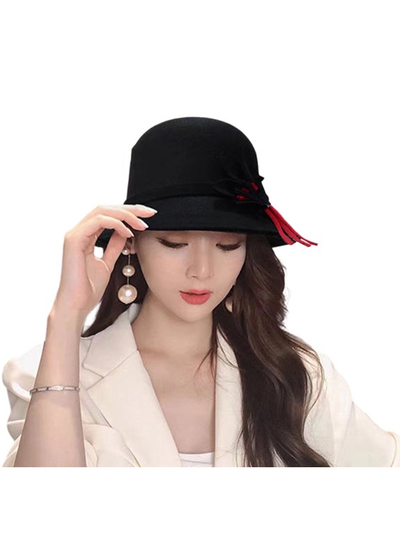 Women's Round Top Retro Bucket Hat, Versatile Wool Basin Hat for Daily Wear
