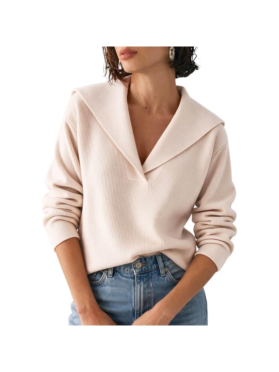 Womens Sailor Collar Sweater — Solid Knit Pullover Long Sleeve Loose Casual Top for Fall Winter