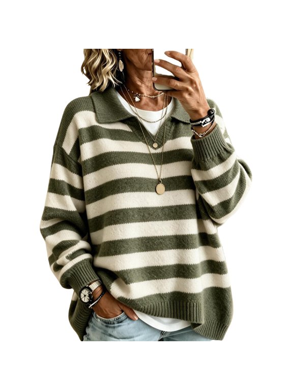 Womens Sailor Collar Sweater — Striped Knit Pullover Long Sleeve Loose Casual Top for Fall Winter