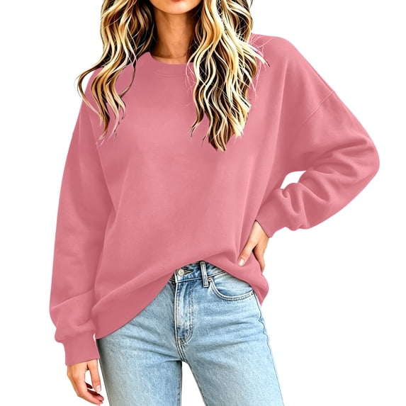 IAJDKMEK Womens Solid Pocket Sweatshirt - Crew Neck Sweatshirts Women Long Sleeve Pullover Oversized Tops with Pockets,Pink 2XL