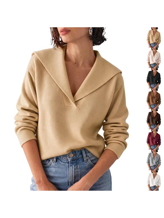 Womens Solid Sailor Collar Pullover — Knit Sweater Long Sleeve Loose Casual Top Fall Winter Elegant
